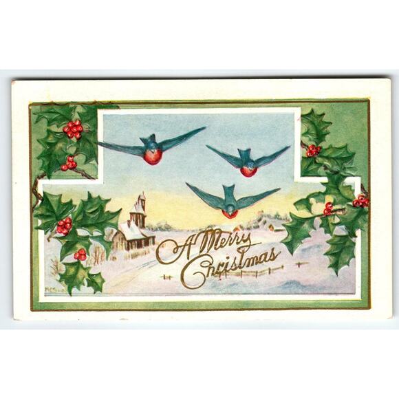 Vintage Merry Christmas Postcard Blue Birds Holly Church Winter Scene Embossed - Picture 1 of 2